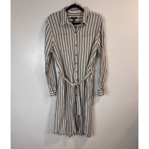 Chaps Shirt Dress XL Long Sleeve Button Front Linen Striped Belted White Gray - Picture 1 of 9